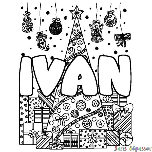 Coloriage pr&eacute;nom IVAN - d&eacute;cor Sapin et Cadeaux