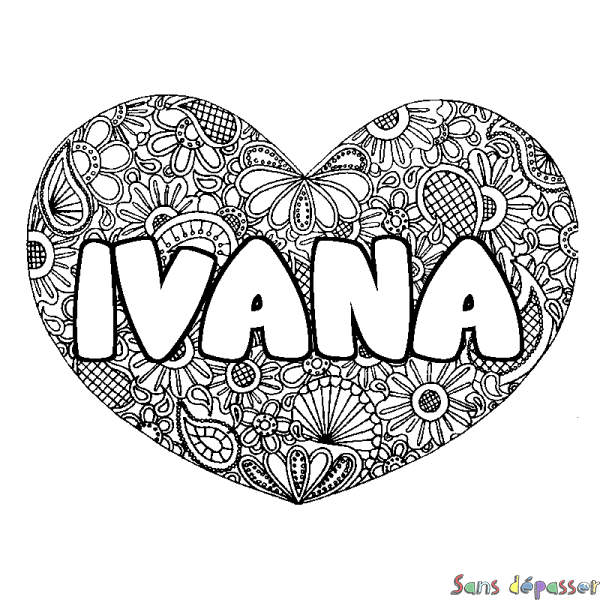 Coloriage pr&eacute;nom IVANA - d&eacute;cor Mandala coeur