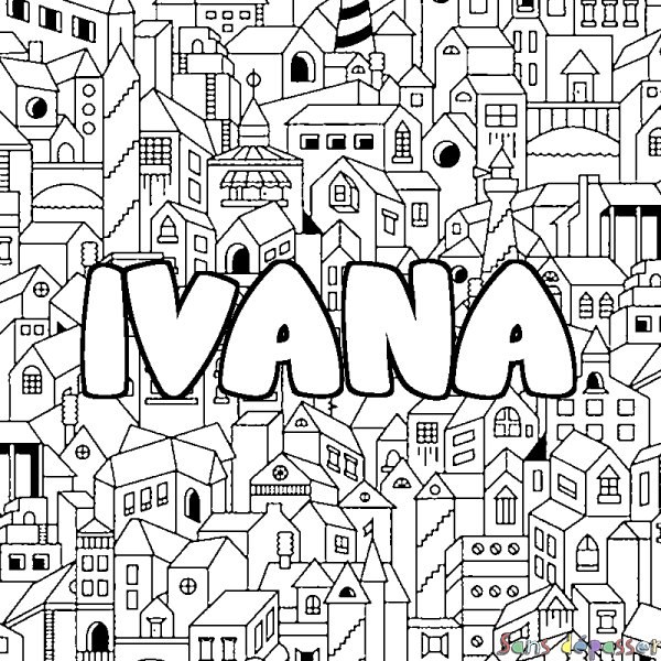 Coloriage pr&eacute;nom IVANA - d&eacute;cor Ville