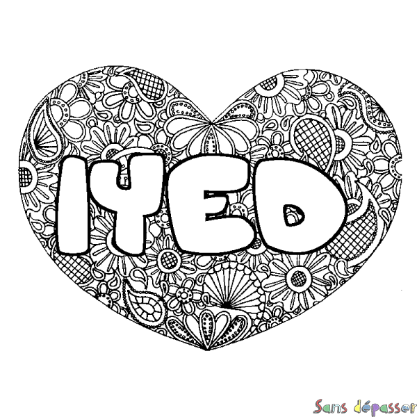 Coloriage pr&eacute;nom IYED - d&eacute;cor Mandala coeur