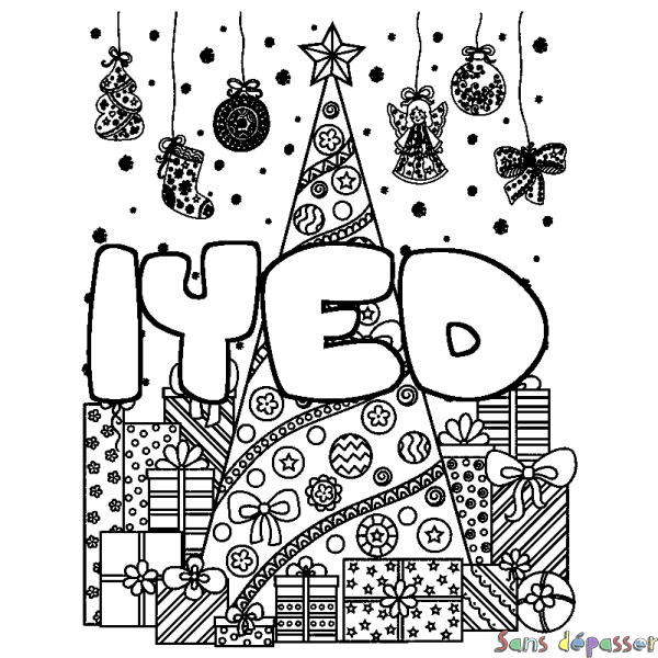 Coloriage pr&eacute;nom IYED - d&eacute;cor Sapin et Cadeaux