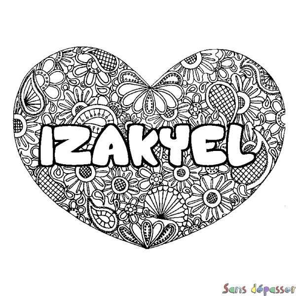 Coloriage pr&eacute;nom IZAKYEL - d&eacute;cor Mandala coeur