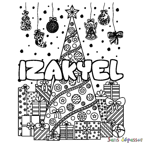 Coloriage pr&eacute;nom IZAKYEL - d&eacute;cor Sapin et Cadeaux
