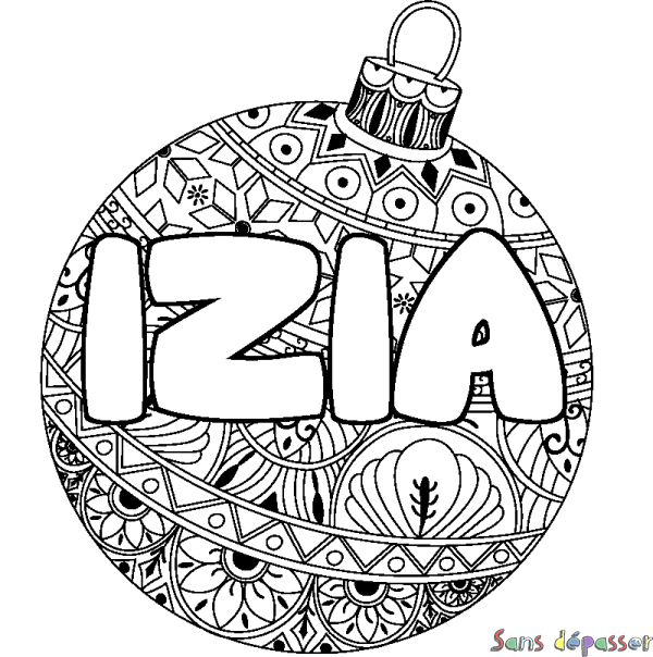 Coloriage pr&eacute;nom IZIA - d&eacute;cor Boule de No&euml;l