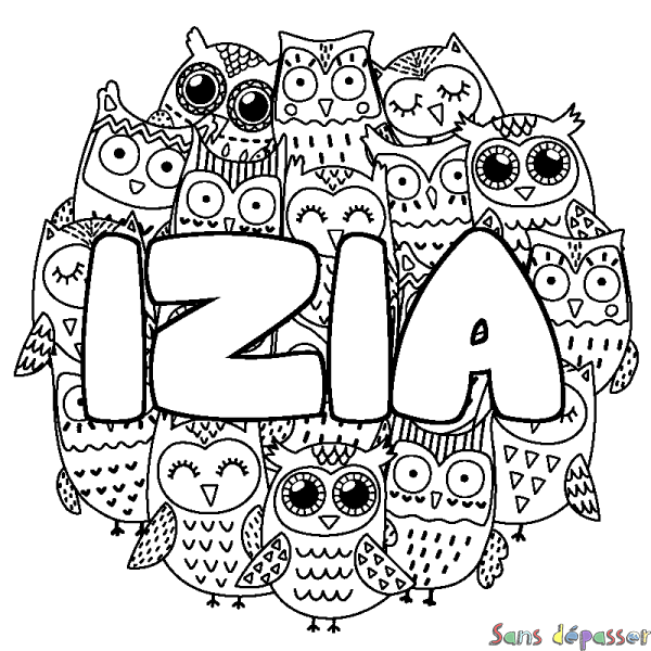 Coloriage pr&eacute;nom IZIA - d&eacute;cor Chouettes