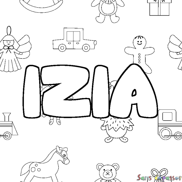Coloriage pr&eacute;nom IZIA - d&eacute;cor Jouets