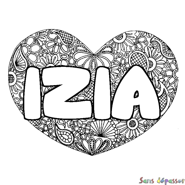 Coloriage pr&eacute;nom IZIA - d&eacute;cor Mandala coeur