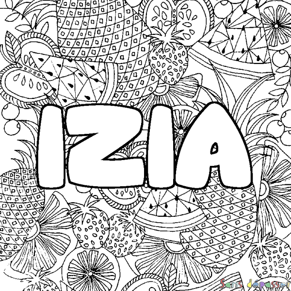 Coloriage pr&eacute;nom IZIA - d&eacute;cor Mandala fruits