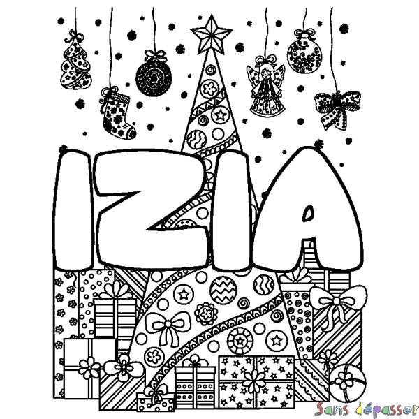 Coloriage pr&eacute;nom IZIA - d&eacute;cor Sapin et Cadeaux