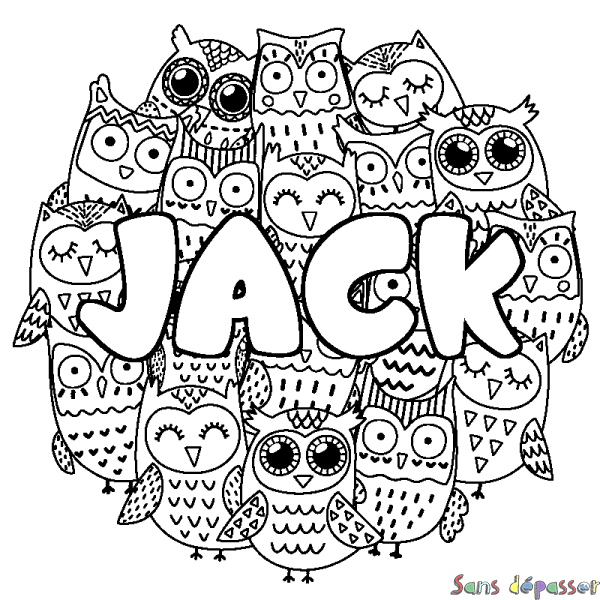 Coloriage pr&eacute;nom JACK - d&eacute;cor Chouettes
