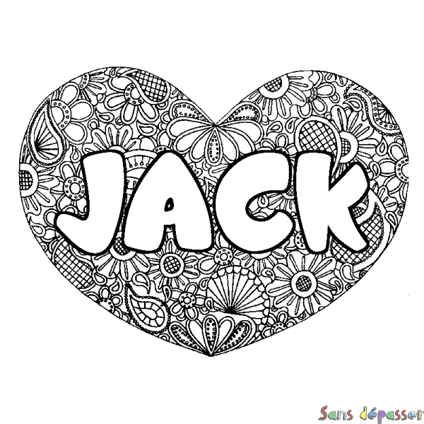 Coloriage pr&eacute;nom JACK - d&eacute;cor Mandala coeur