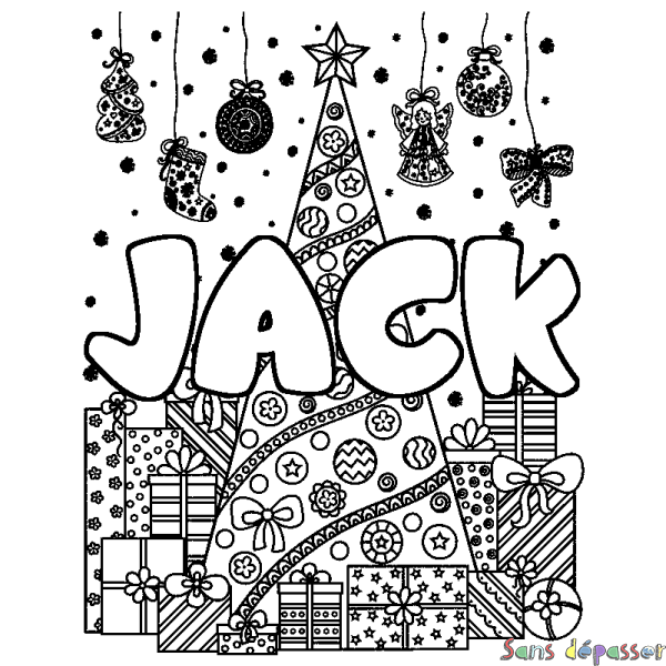 Coloriage prénom JACK - d&eacute;cor Sapin et Cadeaux