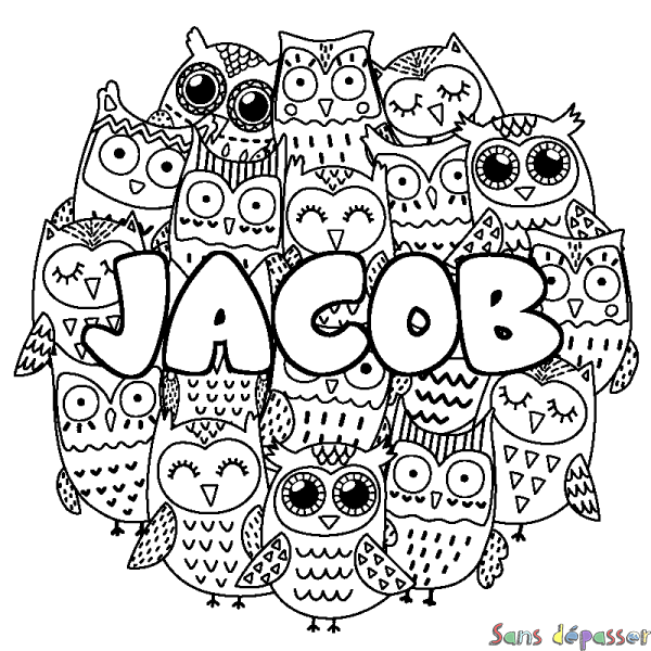 Coloriage pr&eacute;nom JACOB - d&eacute;cor Chouettes