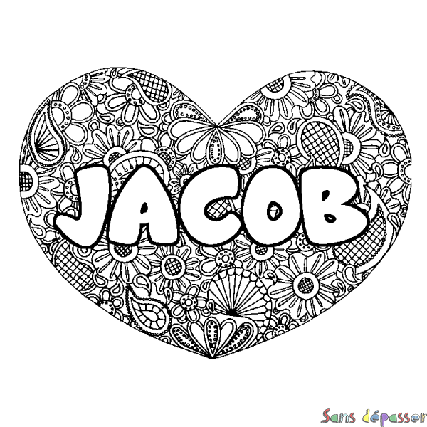 Coloriage pr&eacute;nom JACOB - d&eacute;cor Mandala coeur