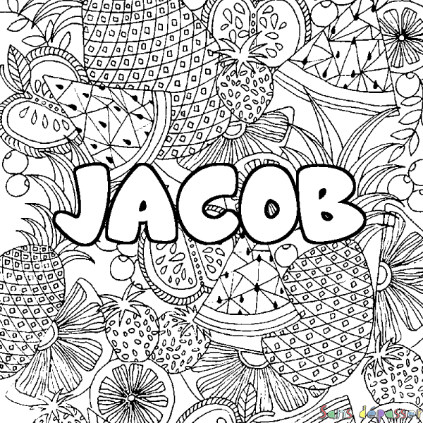 Coloriage pr&eacute;nom JACOB - d&eacute;cor Mandala fruits