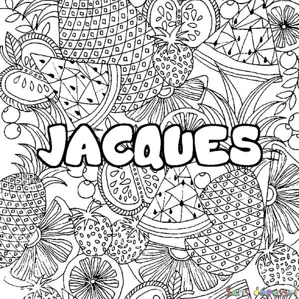 Coloriage pr&eacute;nom JACQUES - d&eacute;cor Mandala fruits