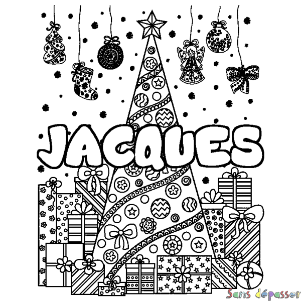 Coloriage prénom JACQUES - d&eacute;cor Sapin et Cadeaux