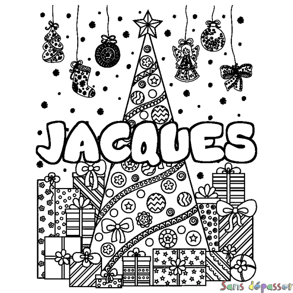 Coloriage pr&eacute;nom JACQUES - d&eacute;cor Sapin et Cadeaux