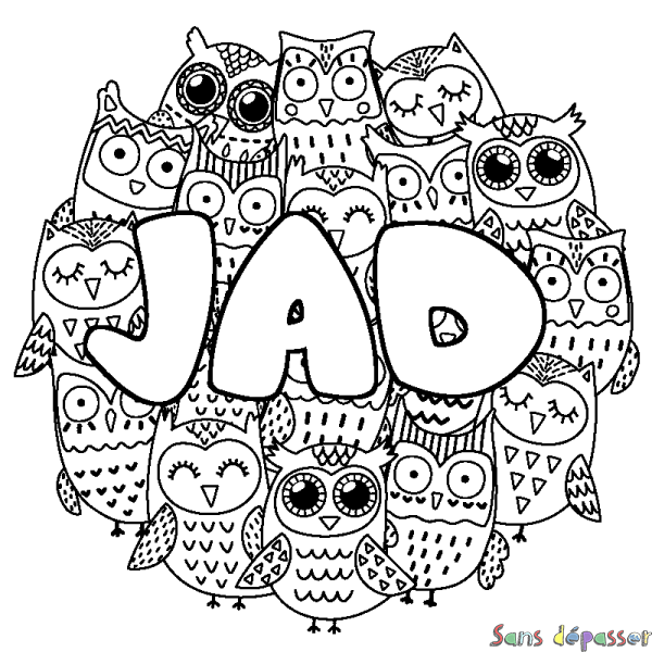Coloriage pr&eacute;nom JAD - d&eacute;cor Chouettes