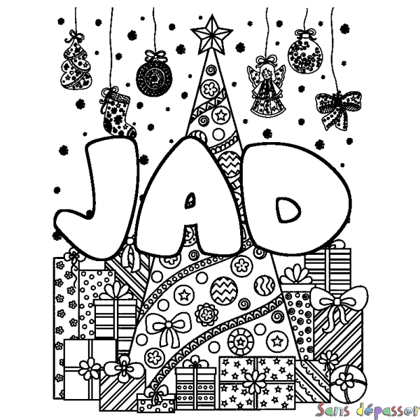 Coloriage pr&eacute;nom JAD - d&eacute;cor Sapin et Cadeaux