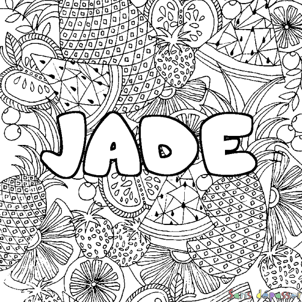 Coloriage pr&eacute;nom JADE - d&eacute;cor Mandala fruits
