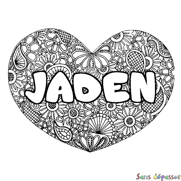 Coloriage pr&eacute;nom JADEN - d&eacute;cor Mandala coeur