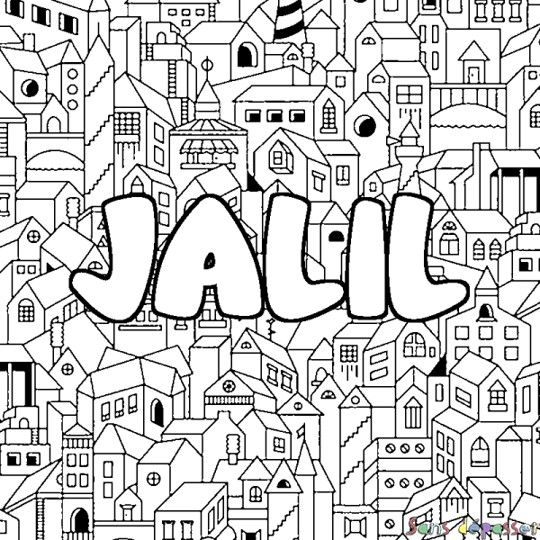 Coloriage pr&eacute;nom JALIL - d&eacute;cor Ville