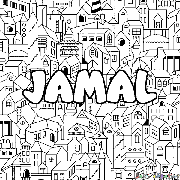 Coloriage pr&eacute;nom JAMAL - d&eacute;cor Ville