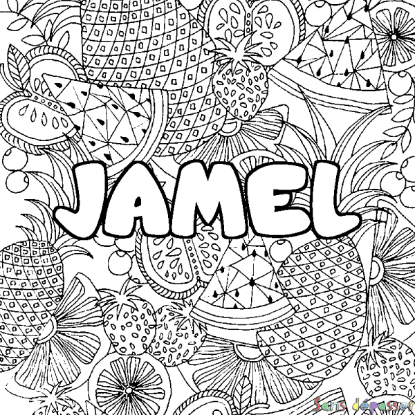 Coloriage prénom JAMEL - d&eacute;cor Mandala fruits