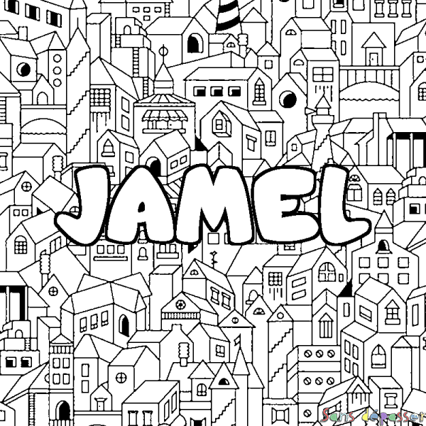 Coloriage prénom JAMEL - d&eacute;cor Ville