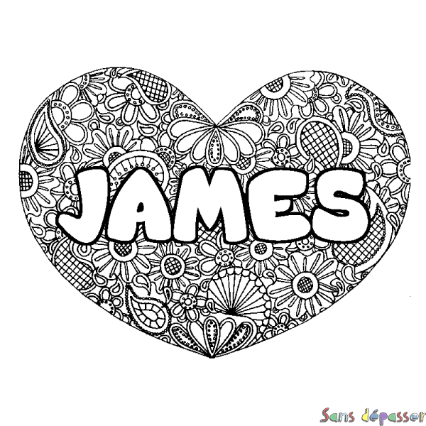 Coloriage pr&eacute;nom JAMES - d&eacute;cor Mandala coeur