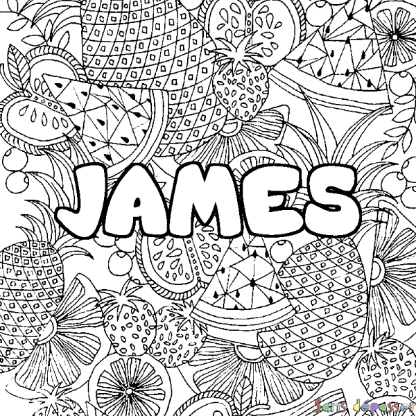 Coloriage pr&eacute;nom JAMES - d&eacute;cor Mandala fruits