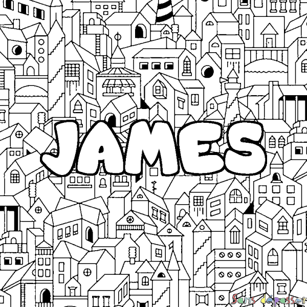 Coloriage pr&eacute;nom JAMES - d&eacute;cor Ville