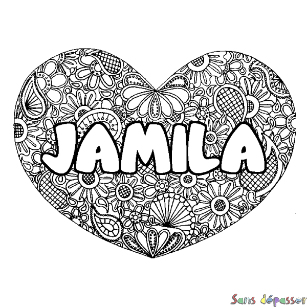 Coloriage prénom JAMILA - d&eacute;cor Mandala coeur
