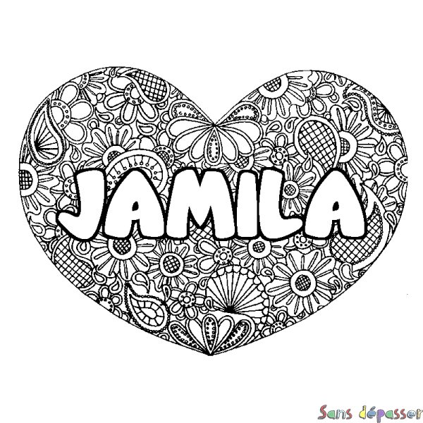 Coloriage pr&eacute;nom JAMILA - d&eacute;cor Mandala coeur