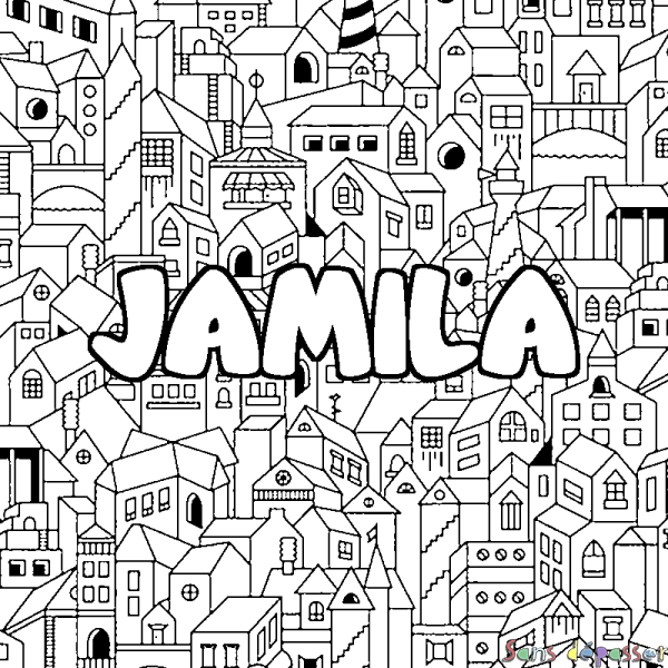 Coloriage prénom JAMILA - d&eacute;cor Ville
