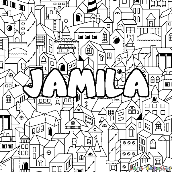 Coloriage pr&eacute;nom JAMILA - d&eacute;cor Ville