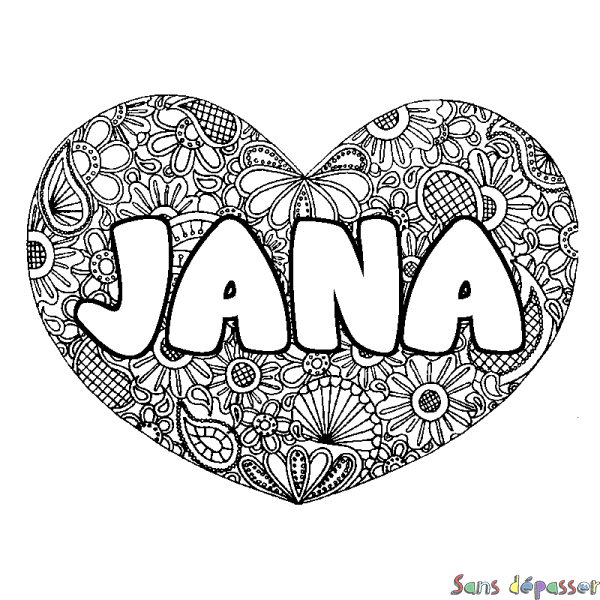 Coloriage prénom JANA - d&eacute;cor Mandala coeur