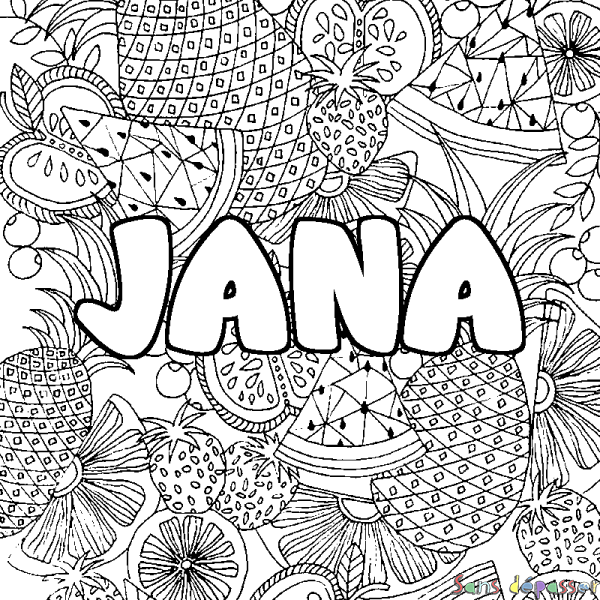 Coloriage prénom JANA - d&eacute;cor Mandala fruits