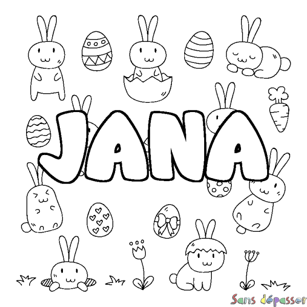 Coloriage pr&eacute;nom JANA - d&eacute;cor Paques