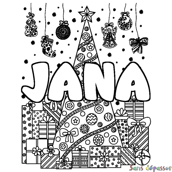 Coloriage prénom JANA - d&eacute;cor Sapin et Cadeaux