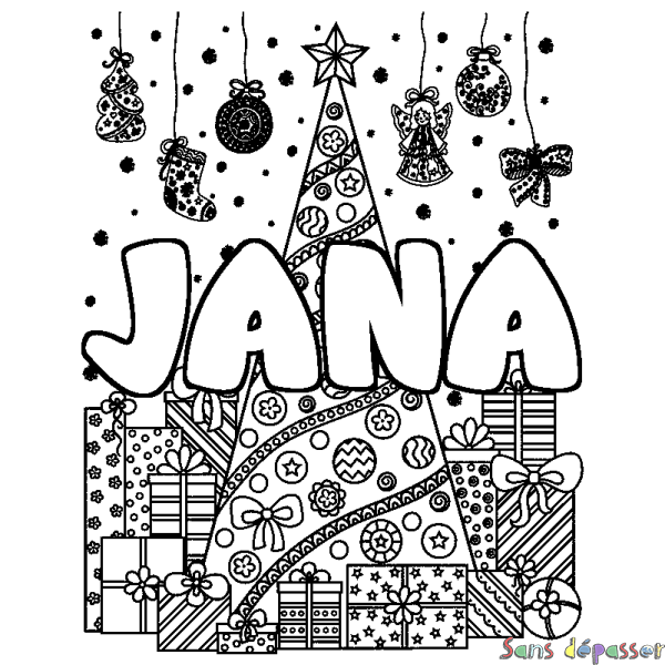 Coloriage pr&eacute;nom JANA - d&eacute;cor Sapin et Cadeaux