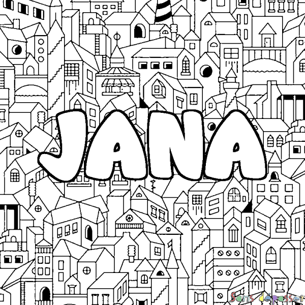 Coloriage pr&eacute;nom JANA - d&eacute;cor Ville