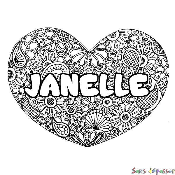Coloriage pr&eacute;nom JANELLE - d&eacute;cor Mandala coeur