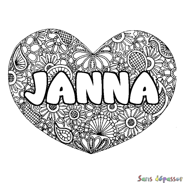 Coloriage prénom JANNA - d&eacute;cor Mandala coeur