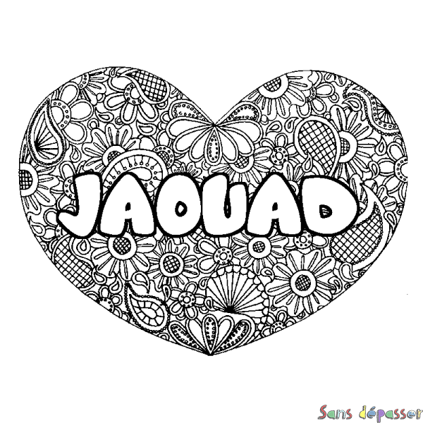 Coloriage pr&eacute;nom JAOUAD - d&eacute;cor Mandala coeur