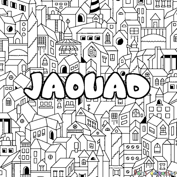 Coloriage pr&eacute;nom JAOUAD - d&eacute;cor Ville
