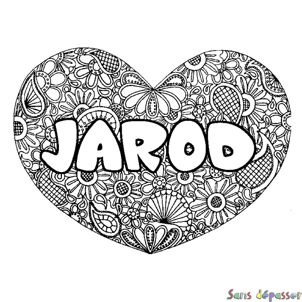 Coloriage prénom JAROD - d&eacute;cor Mandala coeur