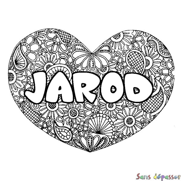 Coloriage pr&eacute;nom JAROD - d&eacute;cor Mandala coeur