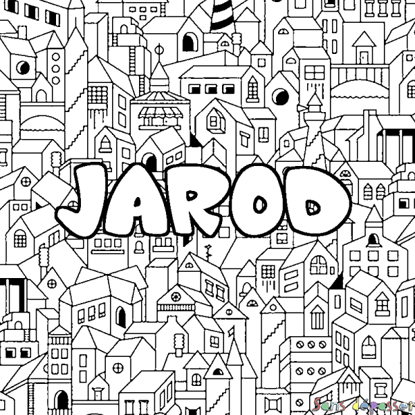 Coloriage pr&eacute;nom JAROD - d&eacute;cor Ville